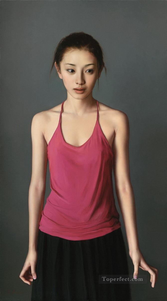 Girl in red vest Chinese Girls Oil Paintings